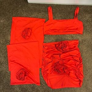 Red Rose appliqué multiple piece set top and skirt outfit with wrap